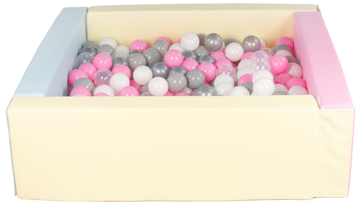 Pink, Blue, Yellow Pastel Square eco-leather ball pit with 300 balls